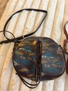 Patricia Nash Brown Multi Scenic Print Leather Crossbody